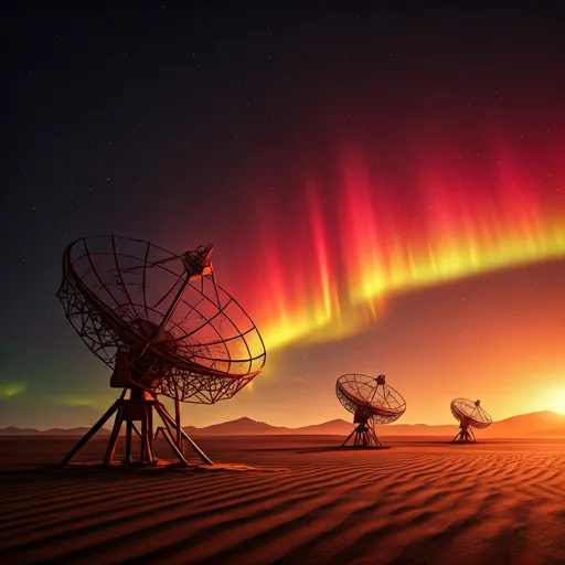 post-apocalyptic desert with rusty satellite dishes under a crimson aurora borealis sky