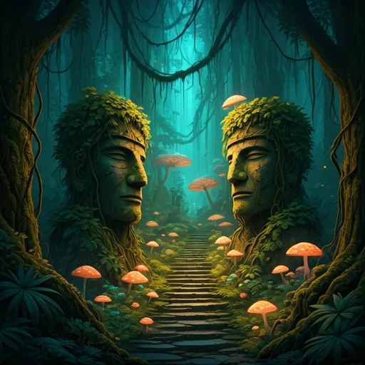 lush bioluminescent jungle with giant glowing mushrooms and strange ancient statues covered in vines